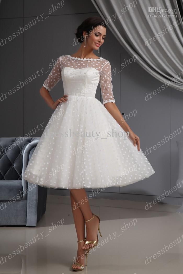 2013 elegant dotted tulle lace hem short knee length wedding dresses ball  gown beach RGZKHSX