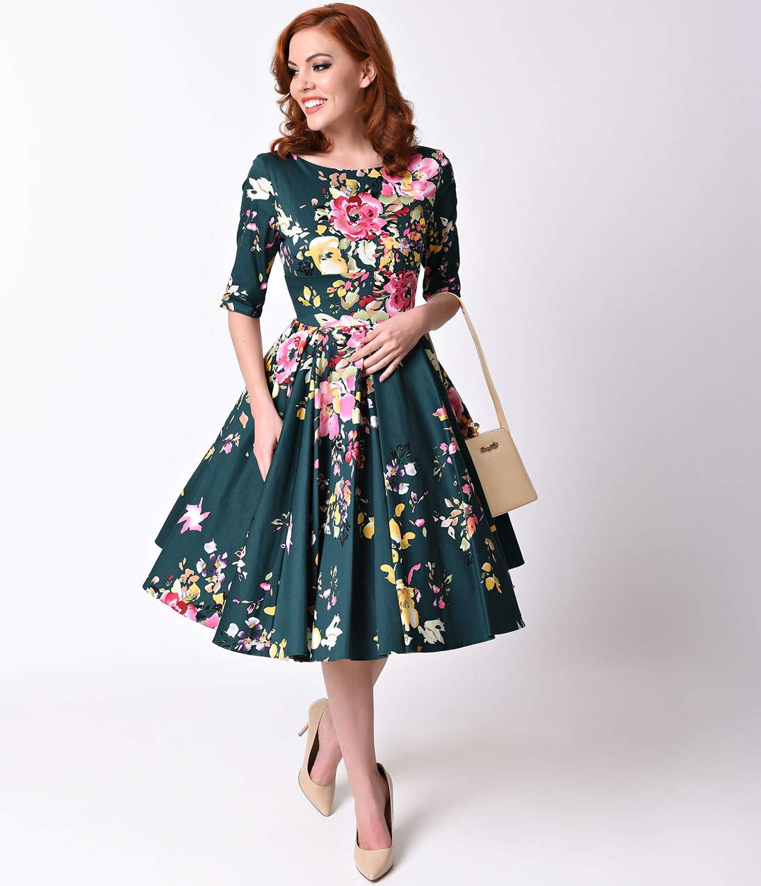 500 vintage style dresses for sale vintage deep green seville floral half  sleeve hepburn NACQVLI