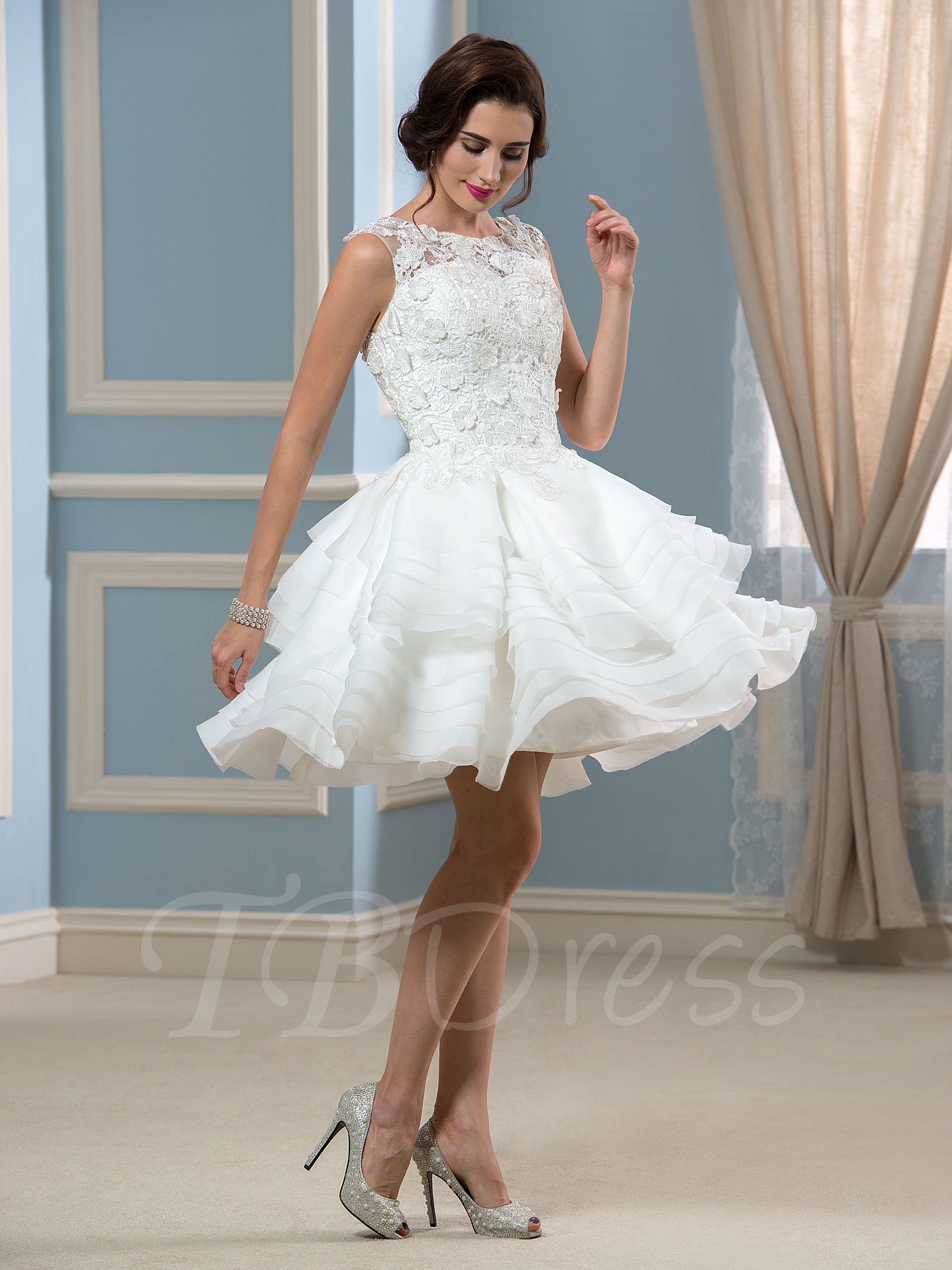 appliques lace organza knee-length a-line short wedding dress ... PMPQXZY