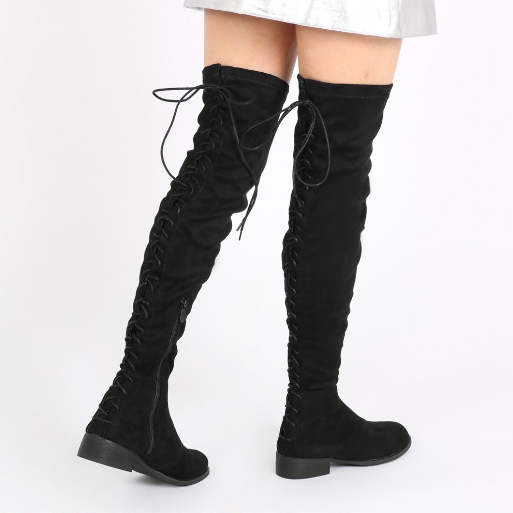 arya lace up back flat long boots in black faux suede WDBPWZR