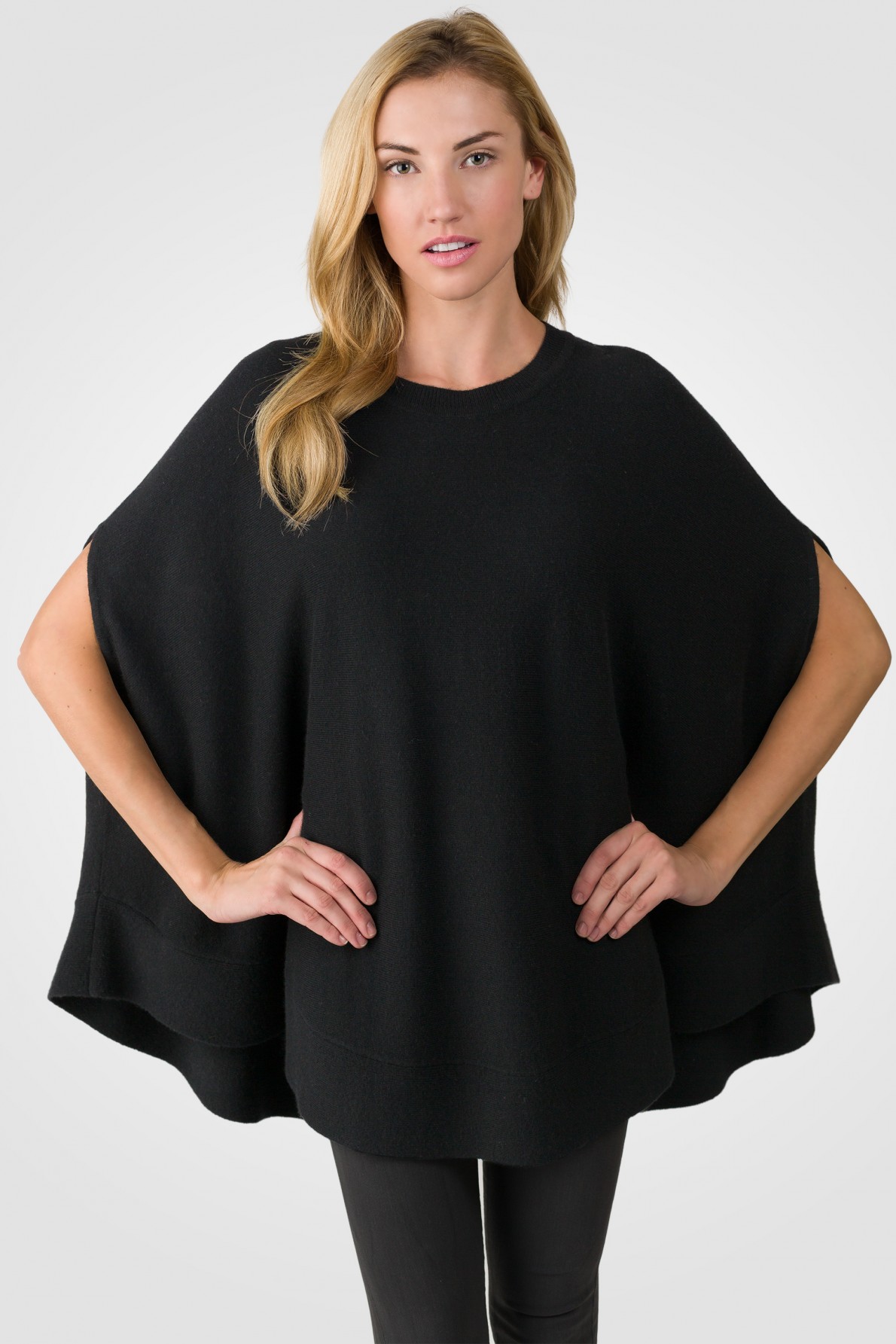 black cashmere oversized laid-back poncho sweater front view alt QHITHIN