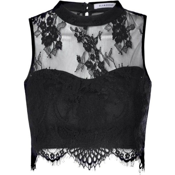 black lace tops black sheer lace scallop hem crop top ($32) ❤ liked on polyvore featuring  tops WYGQILX