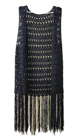 black long fringed crochet vest festival top AQAVCZI