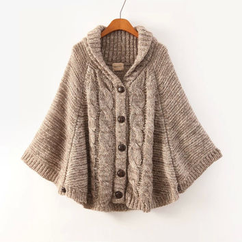 brown long-sleeve button knitted cape cardigan WVSTJEX