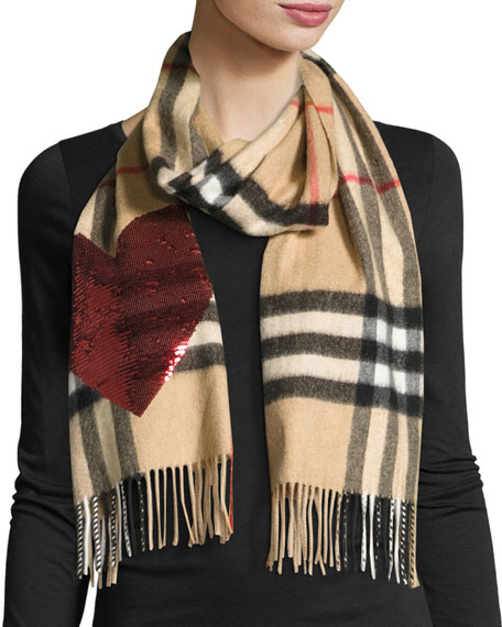 burberrysequin heart check cashmere scarf, camel red GOIMCQQ
