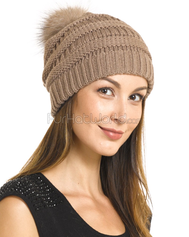 camel chunky knit beanie with fox fur pom pom HDJXBMB