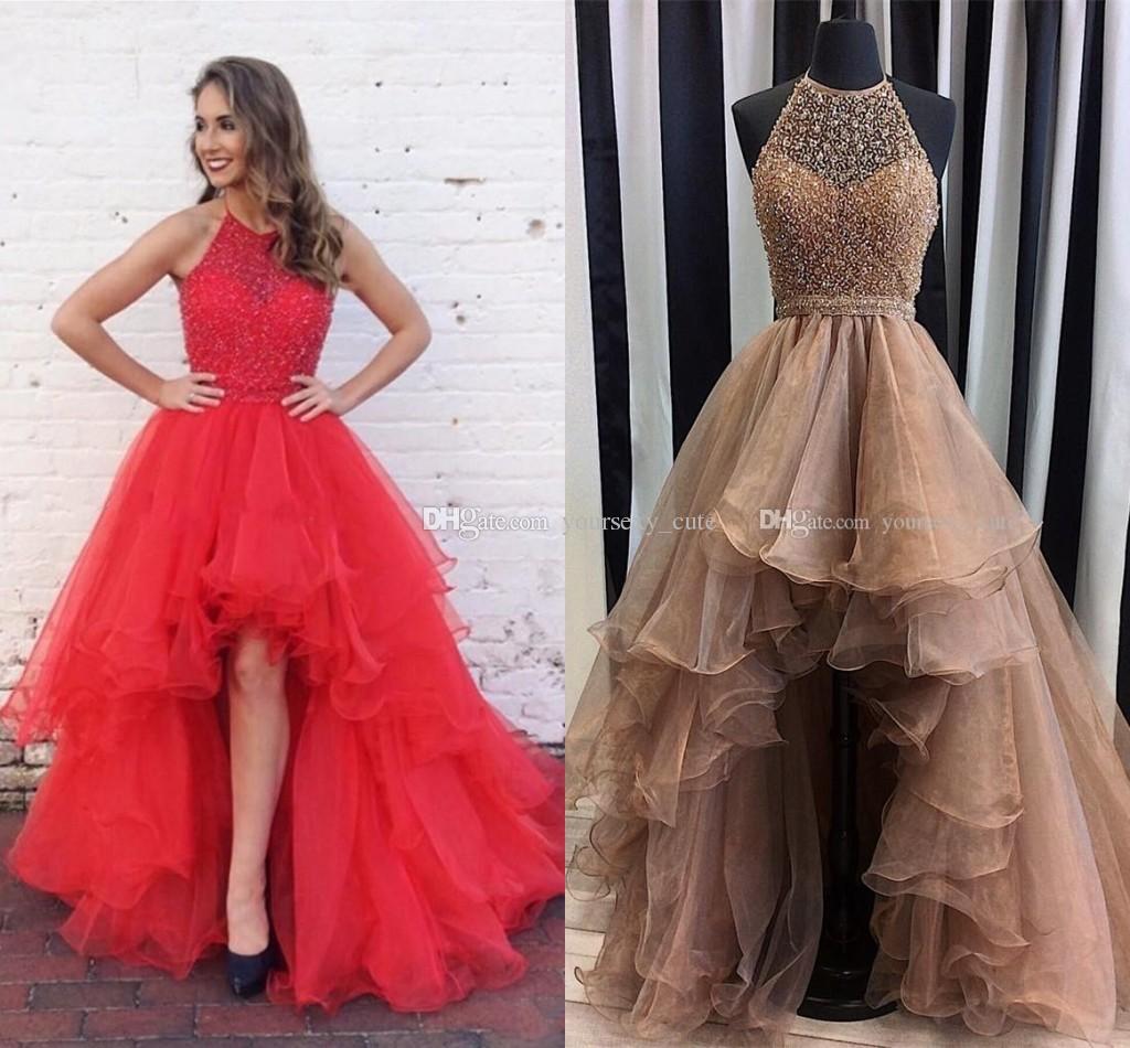 charming champagne high low prom dresses halter sequins beaded organza  tiered skirt backless cocktail ATOQETX