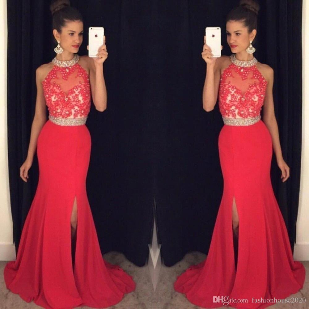 cheap long red prom dresses mermaid 2017 high neck appliques beaded prom  dress with GEHIOJO