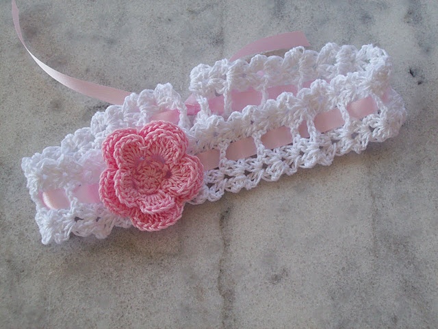 crochet baby headbands ribbon crochet headband with pink flower VXKYVLS