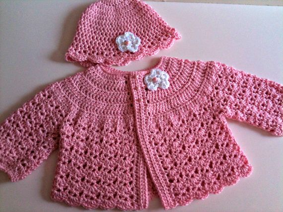 crochet baby sweater hat set pale pink RBFAKUX