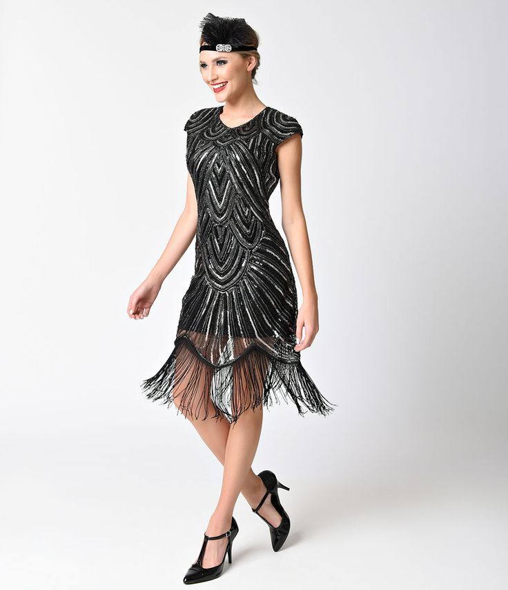 flapper dresses 1920s style black silver sequin mesh cap sleeve fringe flapper dress $88.00  at vintagedancer.com BHZFMVR