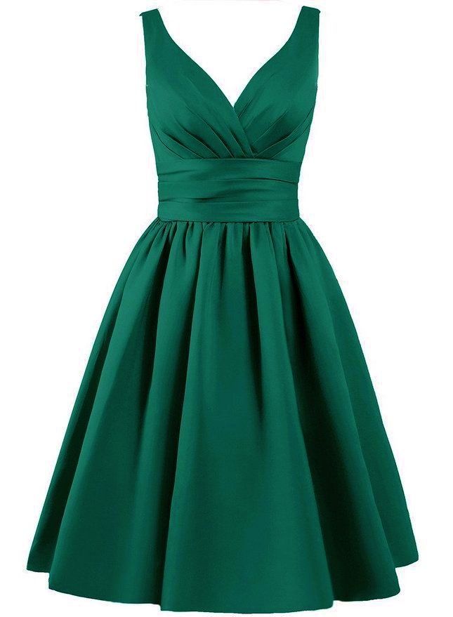 green dress beautiful knee length matte satin dress available in emerald green v shaped  pleated neckline YAOBLTH