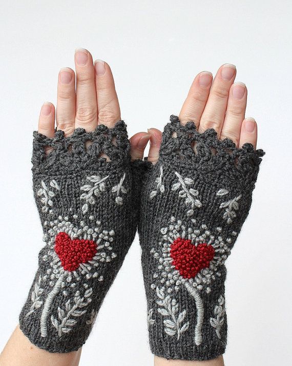hand knitted fingerless gloves, heart, dark grey, red, gray, gift ideas,  size m, m/l QSKHOMN