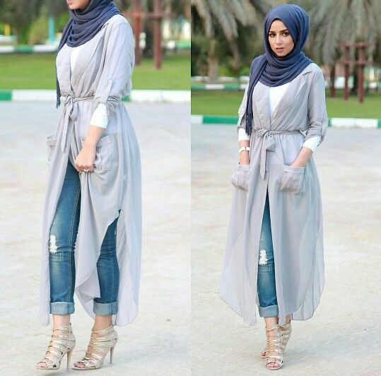 hijab fashion hijab style with a gauzy wrap dress over jeans and a long sleeve shirt VATYLTY
