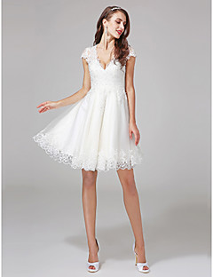 knee length wedding dresses a-line v-neck knee length lace tulle wedding dress with beading appliques by JOQAIWX