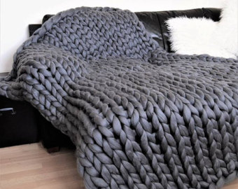 knit blanket chunky knitted blanket, natural merino wool super chunky gigantic wool  throw. 100% cruelty EAZRECO