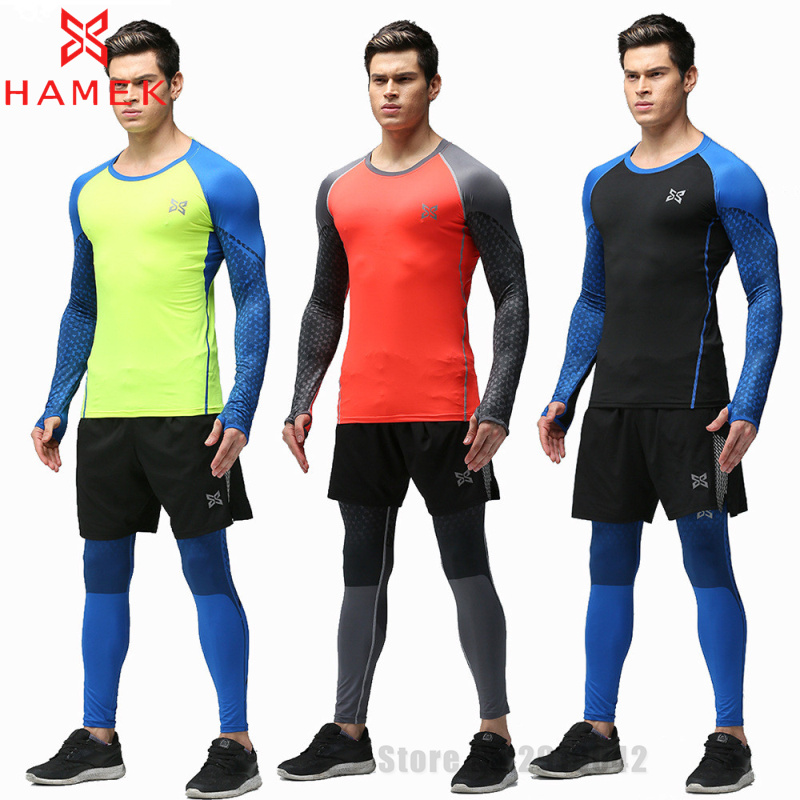 new 3 pieces running clothes mens compression sets pants and shirt polyest  crossfit fitness TOBERUF