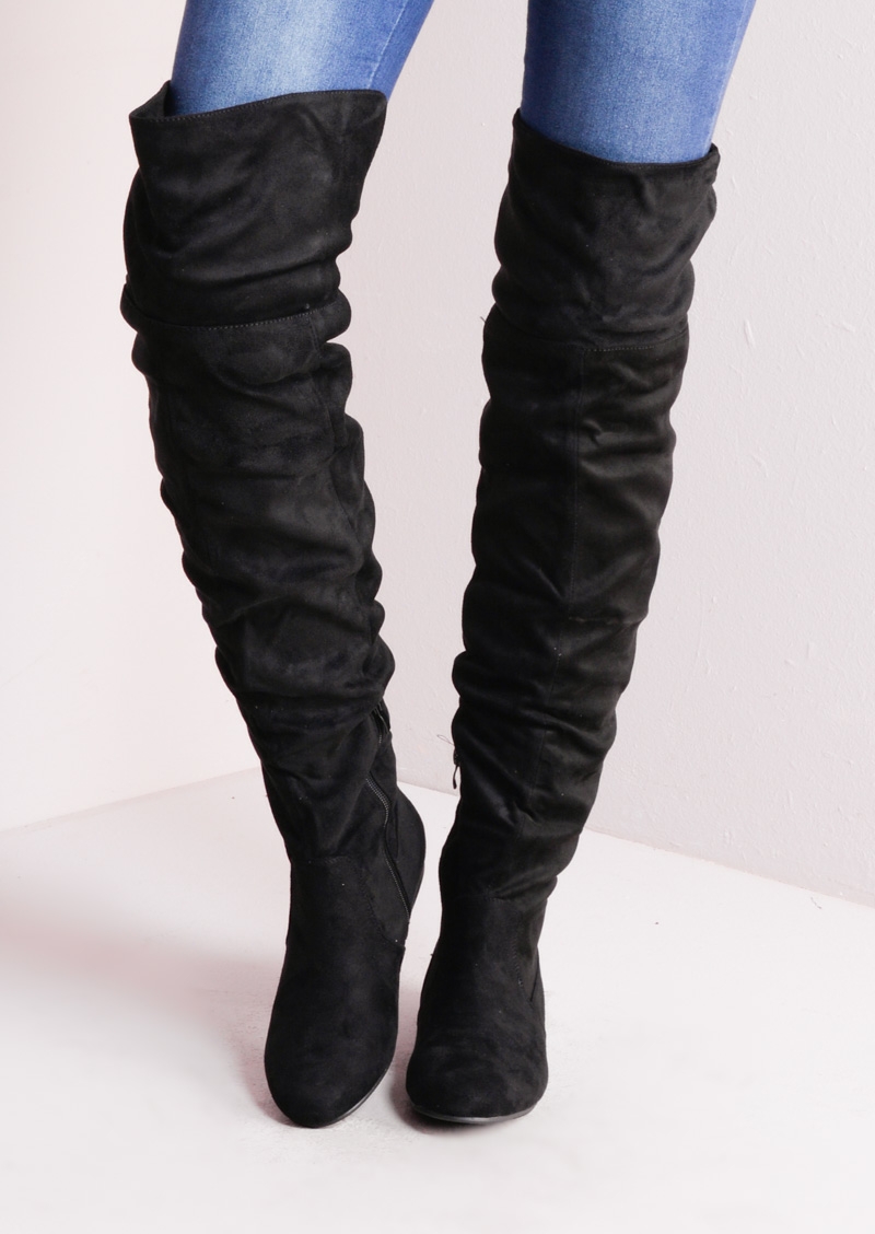 over the knee flat long boots suede black EAFHUFY