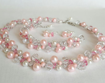 pale pink pearl crochet jewelry set(necklace,bracelet, earrings),bridal pink SGIJOJP