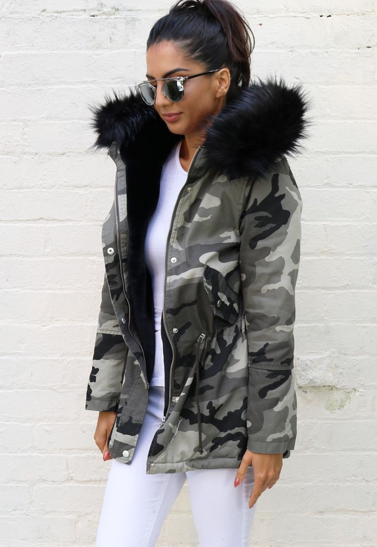 parka coats milly faux fur trim u0026 lined hooded parka in camo print with black WDJBSOX