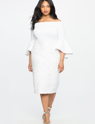 plus size white dress lace ruffle sleeve off the shoulder dress LOPDDAK