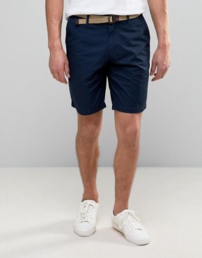 pullu0026bear smart chino shorts with belt in navy CQCYPVX