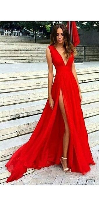 red prom dress sexy slit evening dress,v-neckline red evening gowns,split prom dresses, GVJTAGP