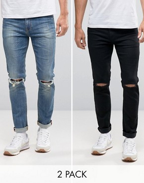 skinny jeans for men asos skinny jeans 2 pack in black with knee rips u0026 mid blue with knee YURNLRD