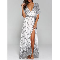 summer maxi dresses wholesale surplice high slit paisley maxi dress - white l floor-length  short sleeves QHUPUQH