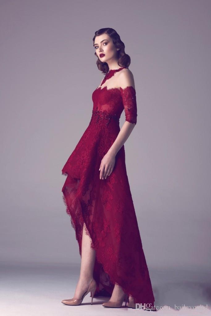 vintage 2016 sheer maroon high low prom dresses off shoulder a line formal  lace DDUXSFC