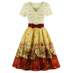 vintage style dresses wholesale v neck fit and flare print vintage dress - yellow s print vintage LOXFBHF
