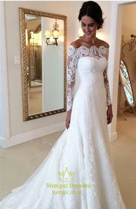 wedding dresses with sleeves white lace off the shoulder sheer long sleeve wedding dress with train NUJQTHE