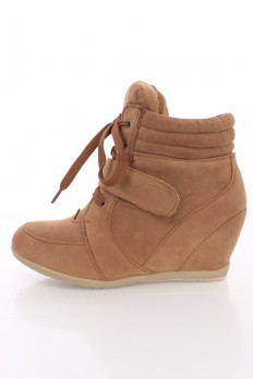wedge sneaker camel lace up mid strap sneaker wedges faux suede KCGWVPU