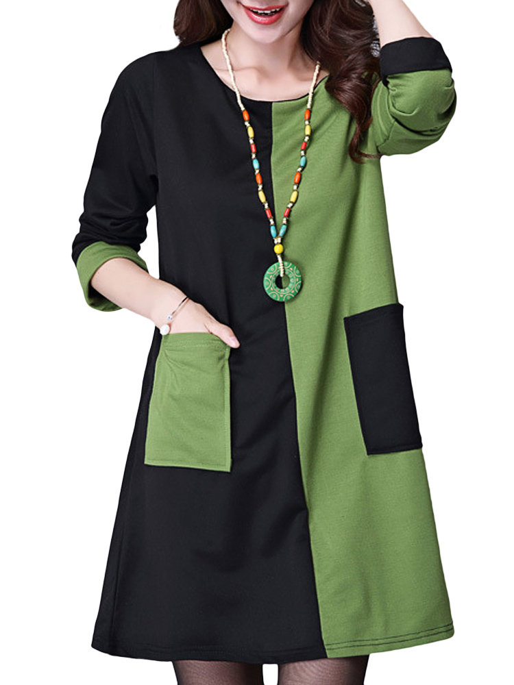 women vintage contrast color long sleeve pocket cotton dresses GAUOUTZ