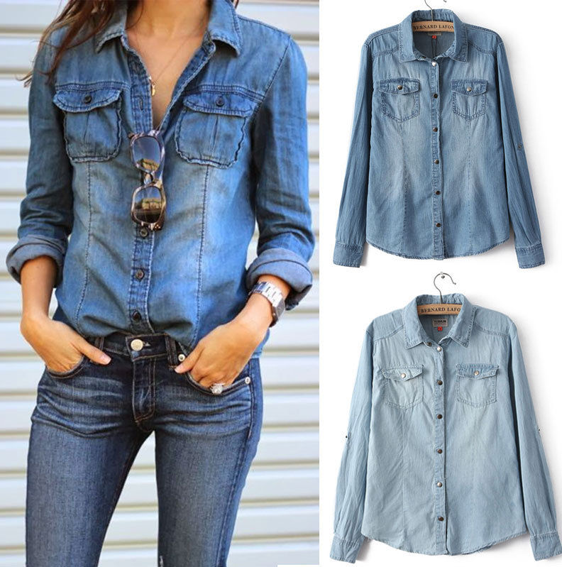 womens denim shirt retro women ladies casual blue jean denim long sleeve shirt tops blouse  jacket | TMKOLSV