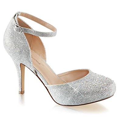 womens silver glitter shoes silver pumps ankle strap rhinestone 3 1/2 inch  heel size DLOEHXM