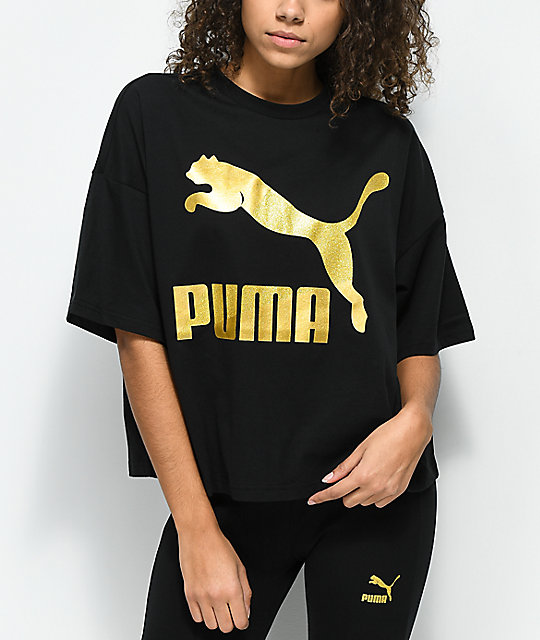 Puma t shirts puma glam oversized black u0026 gold t-shirt ... OQHKGJB