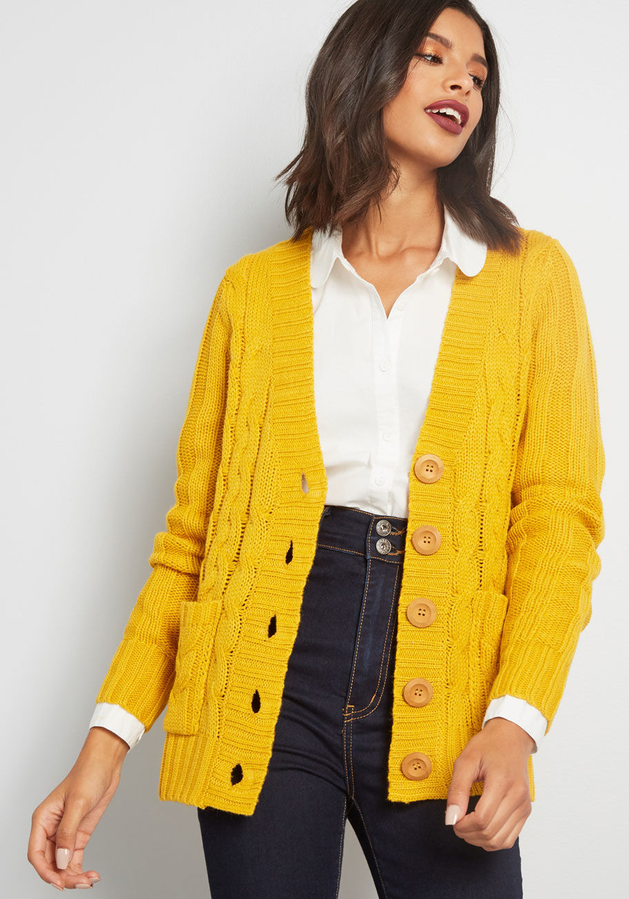 Fireside Cable Knit Cardigan in Marigold Honey | ModCloth