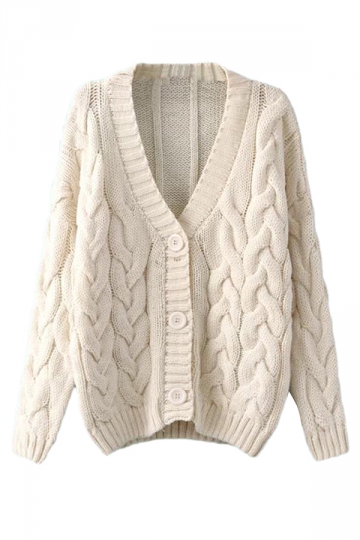 Beige White Warm Womens Cable Knit Vintage Plain Cardigan Sweater