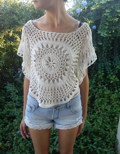 shirt, shorts, lace, knit, crochet, crop tops, see through, summer