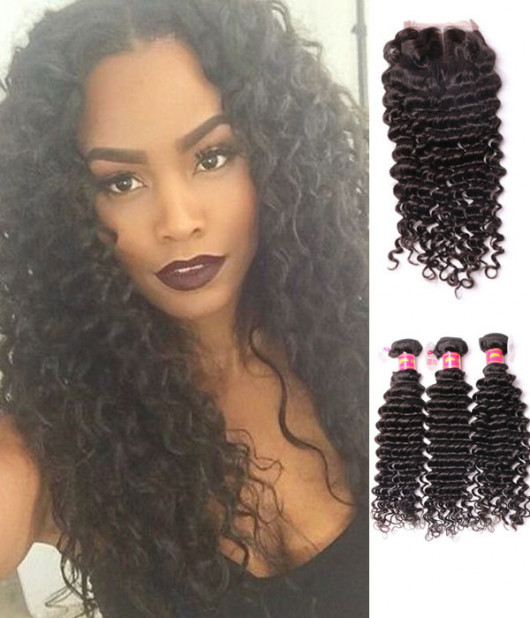 3 Bundles Brazilian Virgin Deep Curly Hair Weave With Pre-Plucked