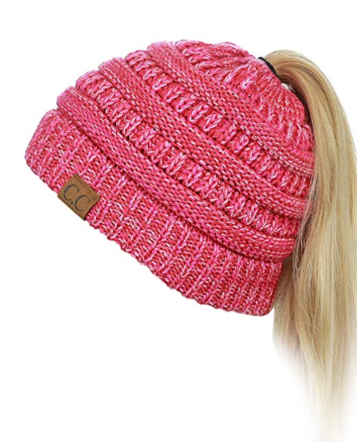 C.C BeanieTail Soft Stretch Cable Knit Messy High Bun Ponytail