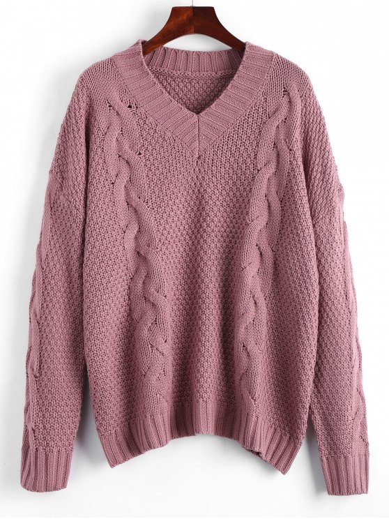 2019 Oversized V Neck Cable Knit Sweater In SMASHING ONE SIZE | ZAFUL