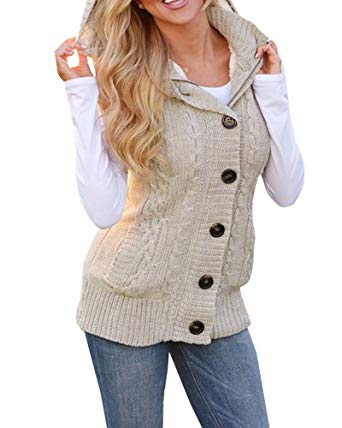 Makkrom Womens Sleeveless Hoodies Button Down Cable Knit Vest
