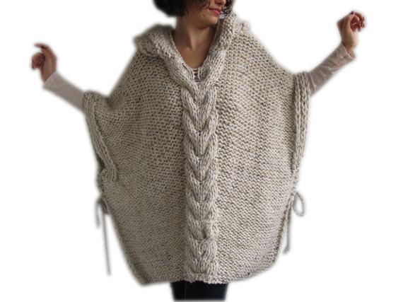 Tweed Beige Hand Knitted Poncho with Hood | Etsy