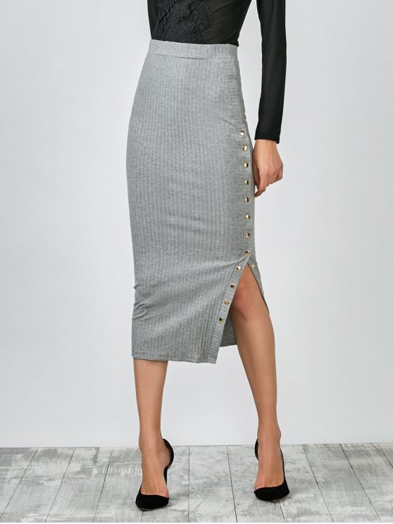 2019 Knitted Side Button Skirt In GRAY M | ZAFUL