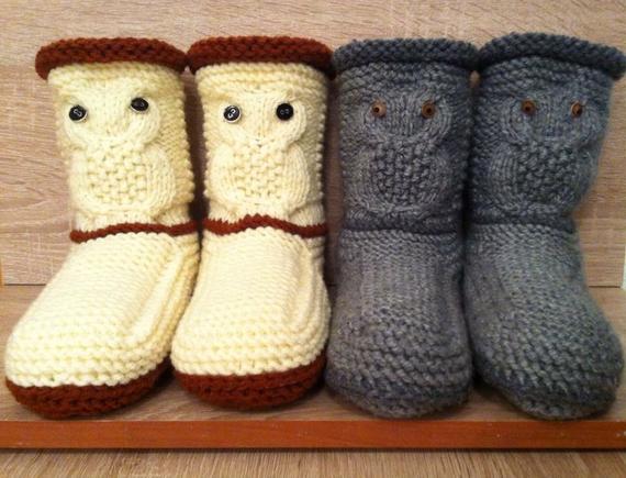 Owl Slippers-Knitted Slipper Booties-Gray Knit Slippers-Knit | Etsy