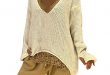 Women Long Sleeve V Neck Baggy Sweater Casual Autumn Winter Knitted