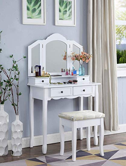 Amazon.com: Roundhill Furniture Sanlo White Wooden Vanity, Make Up