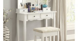Roundhill Furniture Sanlo White Wooden Vanity, Make Up Table and